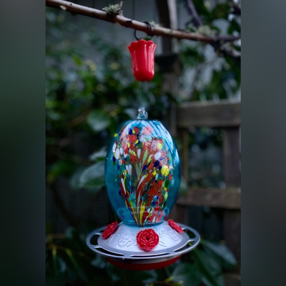 Glass Hummingbird Feeder 27oz Blown Glass Humming Bird - Roses & Ant Moat - Picture 11 of 13